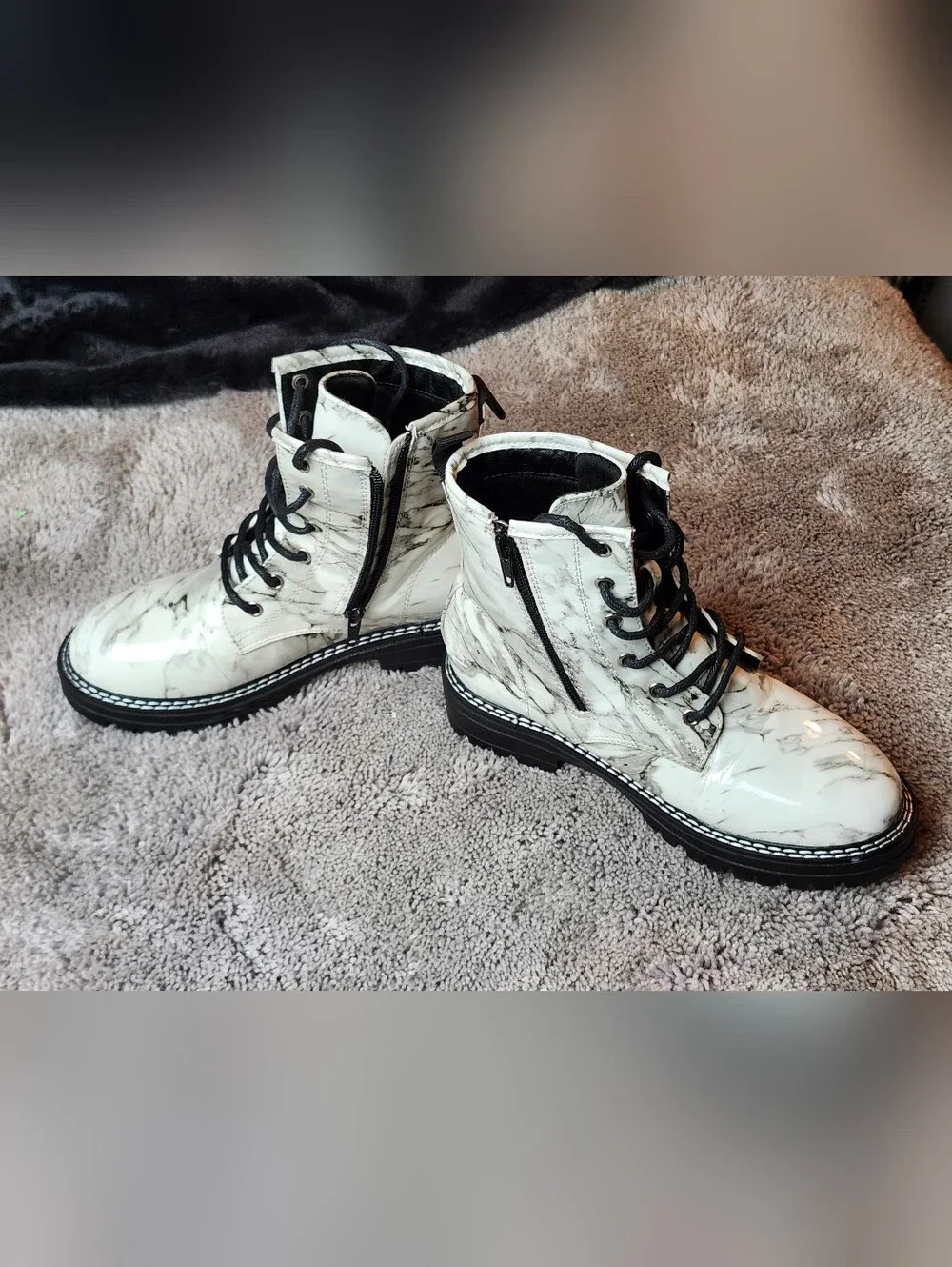 Kids MIA Marble-Print Lace-Up Combat Boots - White/Black